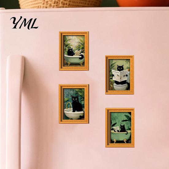 Rustic Home Autumn Accents Black Cat Wooden Refrigerator Magnet, Halloween Theme Decorative Miniature Art Wall Magnets Magnetic Decal, for Kitchen