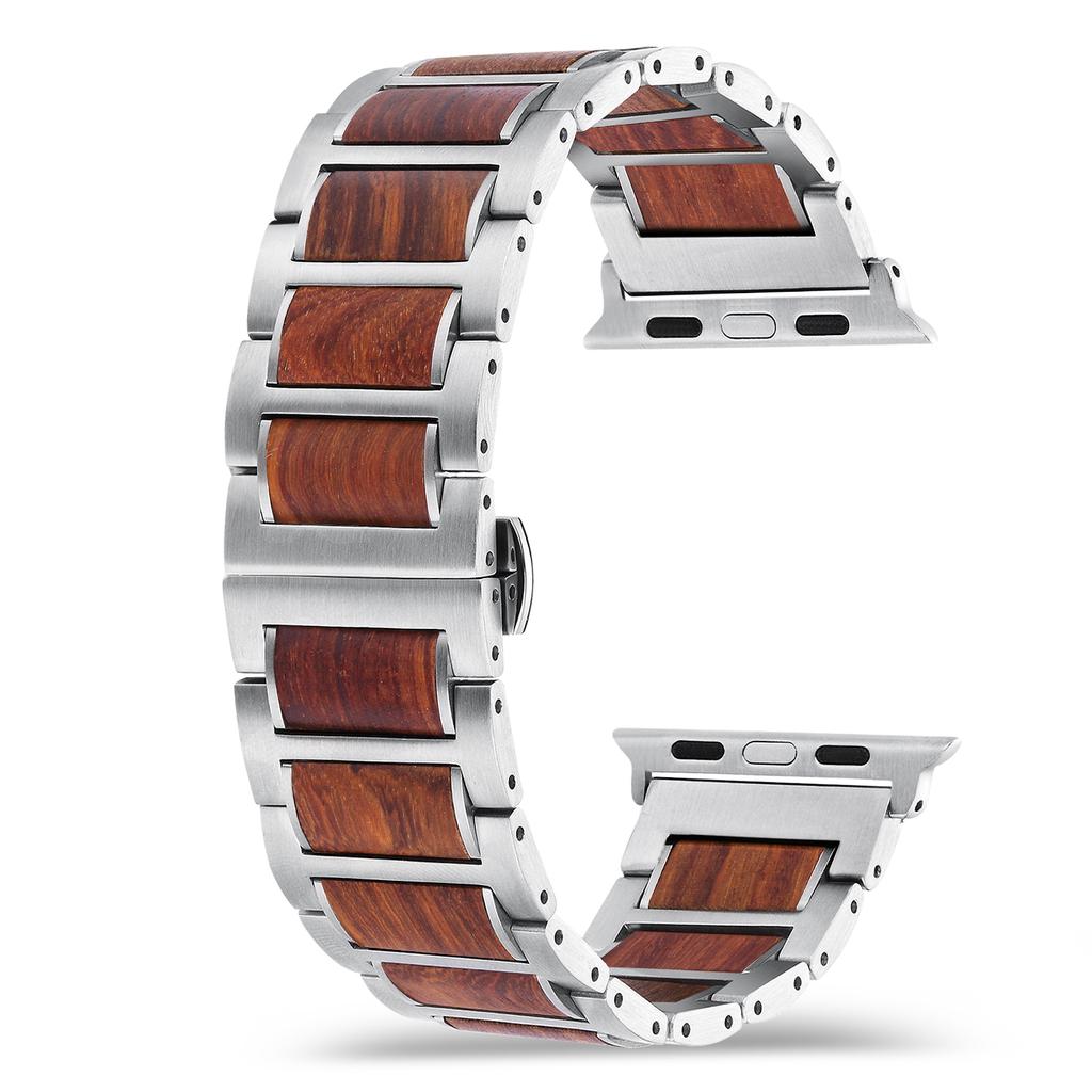 Natural Wood and Stainless Steel Band Strap for Apple Watch IWatch All Series Ultra 3 38/40/41/42/44/45/46/49mm