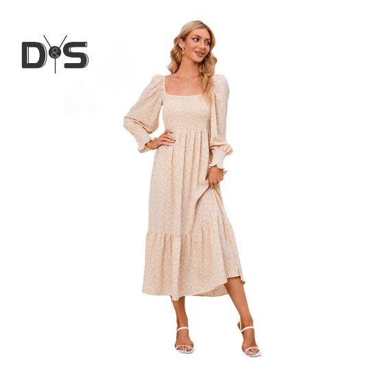 Женское платье с длинными рукавами, цветочным принтом, А-силуэтом, квадратным вырезом, миди-платьем, эластичным бюстом, открытой спиной, плиссированным подолом, весна-осень