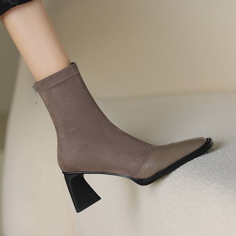 Krazing Pot Зимние эластичные ботинки из флоковой коровьей кожи с квадратным носком на толстом высоком каблуке и молнии, женские однотонные ботильоны