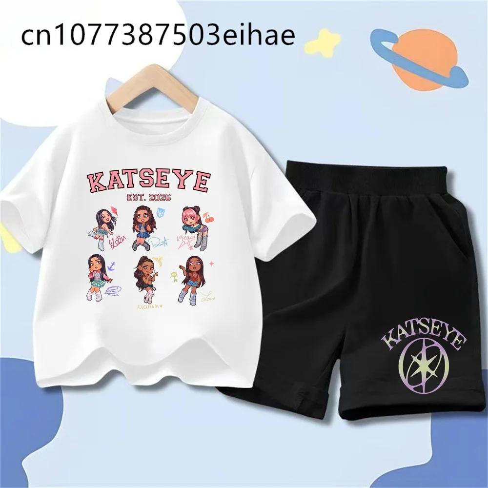 Katseye Girl Group Printed Daily Life Casual T-shirts Summer Round Neck Short Sleeve Children's Fashion Matching Shorts Set