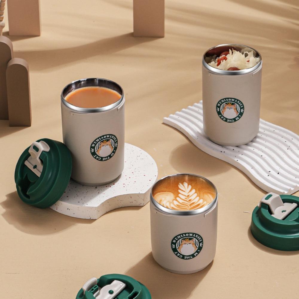Double Layer Coffee Cup Cartoon Cat Pattan Coffee Tumbler Portable Vacuum Flasks Cup Travel
