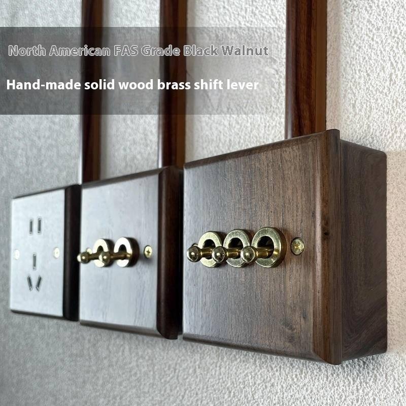 Black Walnut Solid Wood Brass Lever Retro Switch Panel Wall Mount 86 Open Line Box Surface Three Open 16A Socket