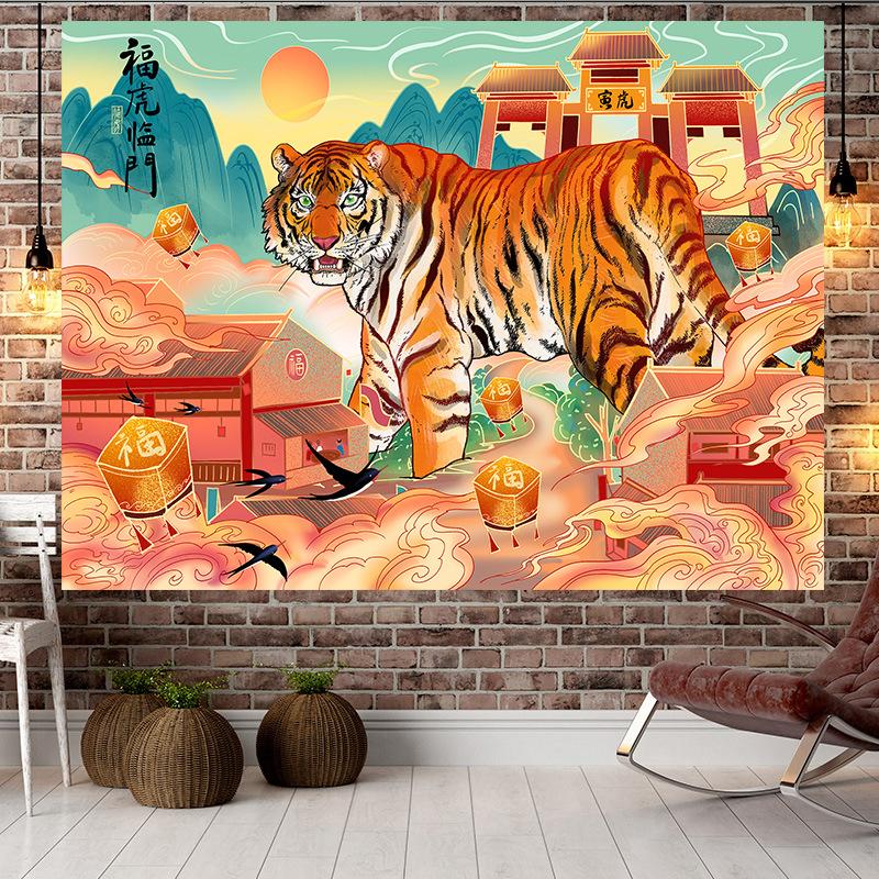 Большой гобелен в китайском стиле в стиле тигра, настенный гобелен с геометрическим рисунком, гобелен в стиле хиппи, домашний декор, эстетическое украшение