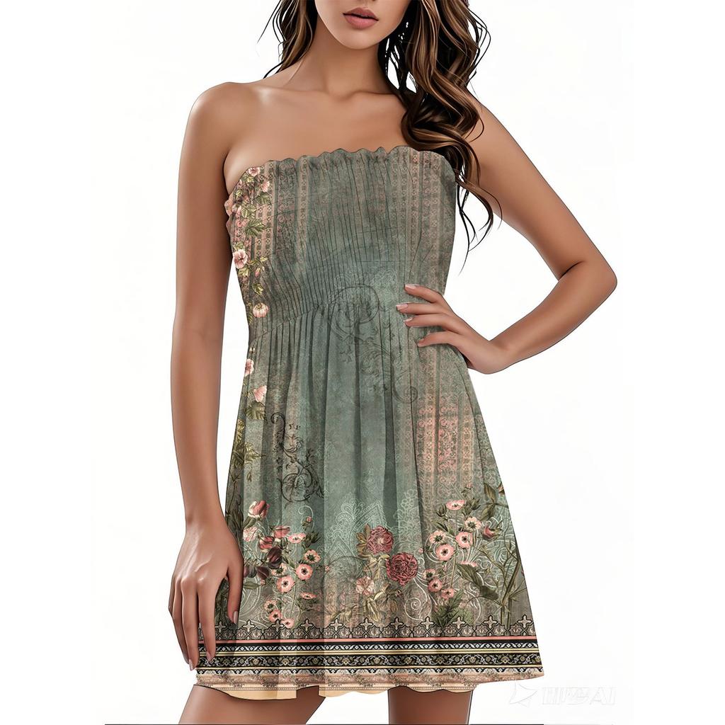 Модное женское повседневное платье-бандо с цветочным принтом без рукавов