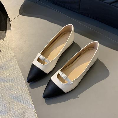 Модные черно-белые балетки с блочным острым носком | Элегантная повседневная обувь с ремешком и металлической пряжкой