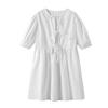 Summer Women Dress Lace-up Bow Decor Hollow Out O Neck Leopard Print Short Puff Sleeves Solid Color A-line Pleated Dating Party Mini Dress