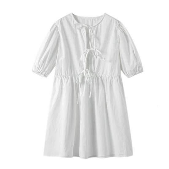 Summer Women Dress Lace-up Bow Decor Hollow Out O Neck Leopard Print Short Puff Sleeves Solid Color A-line Pleated Dating Party Mini Dress