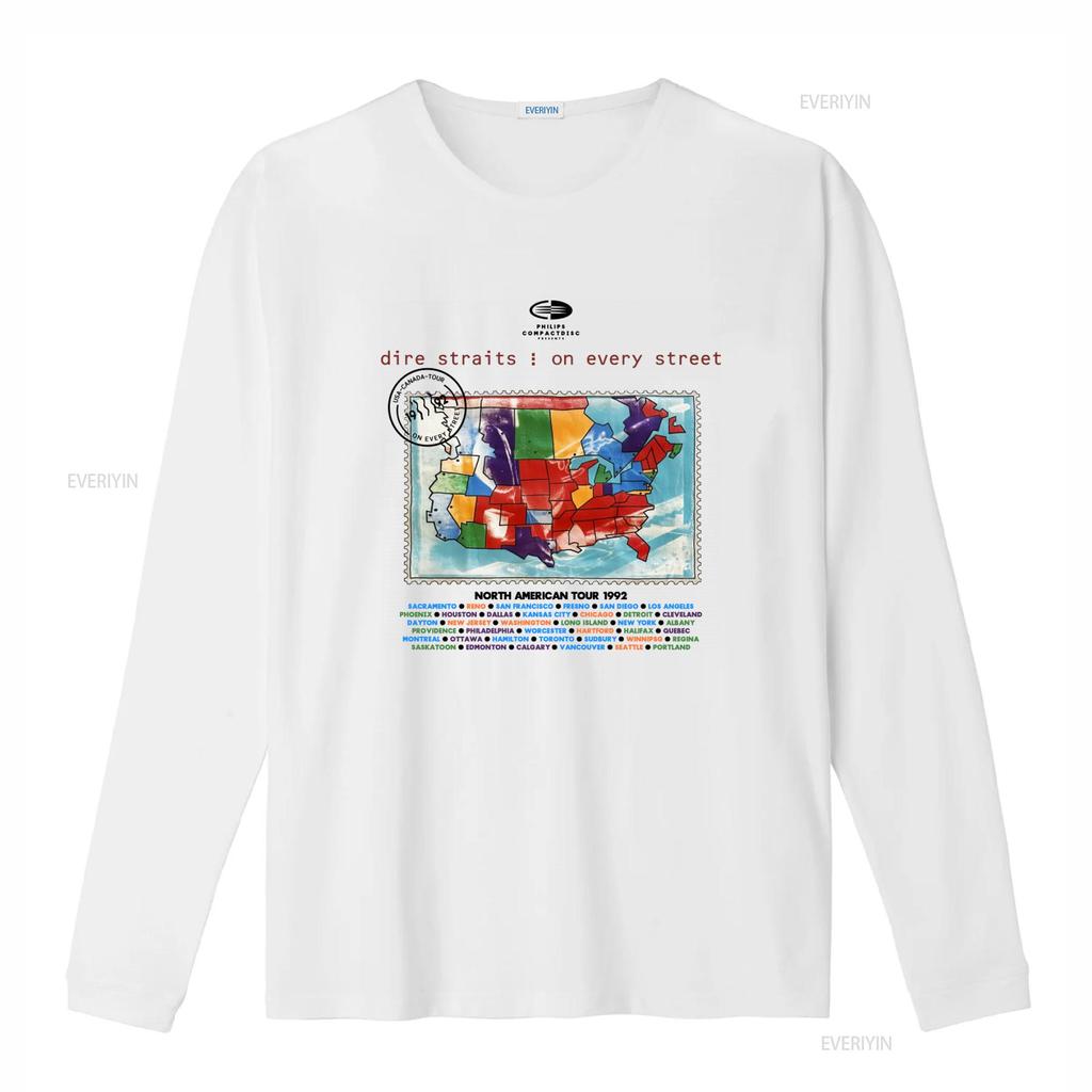 1992 Dire Straits on Every Street Tour North American Map Design T shirt vintage Washed Stretched Casual streetwear Stylish