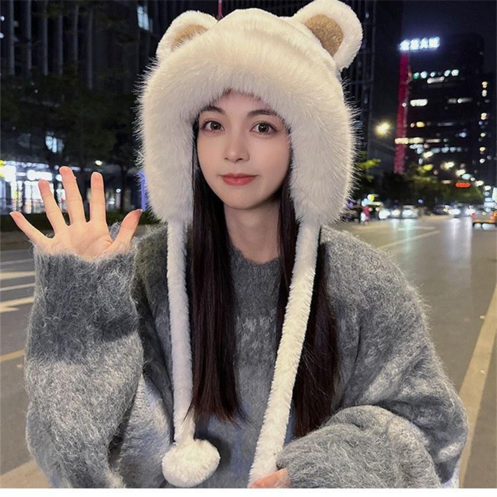 Ear Protection Plush Winter Hat Lacing Woolen Bucket Hat New Bear Ears Hat Women