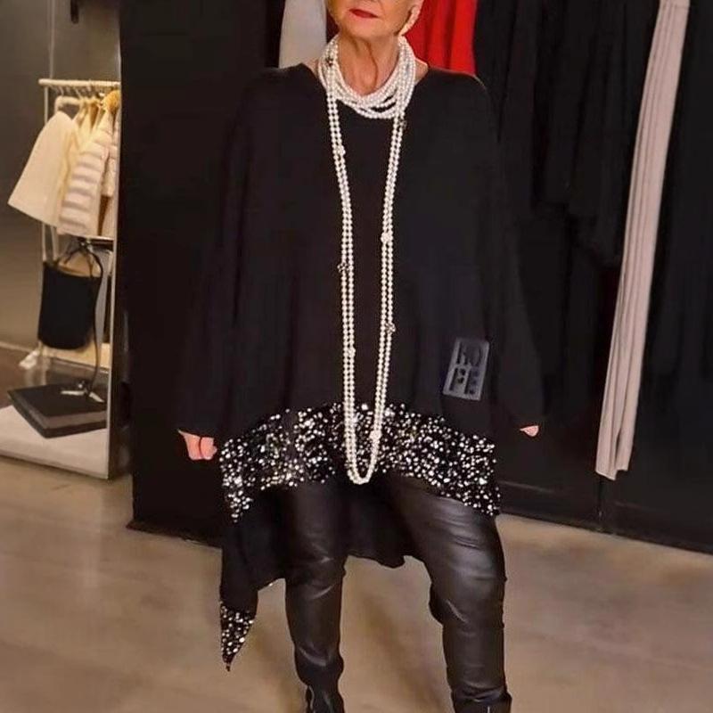 2025 Loose Non Hem Spliced Round Neck Long Sleeved Top