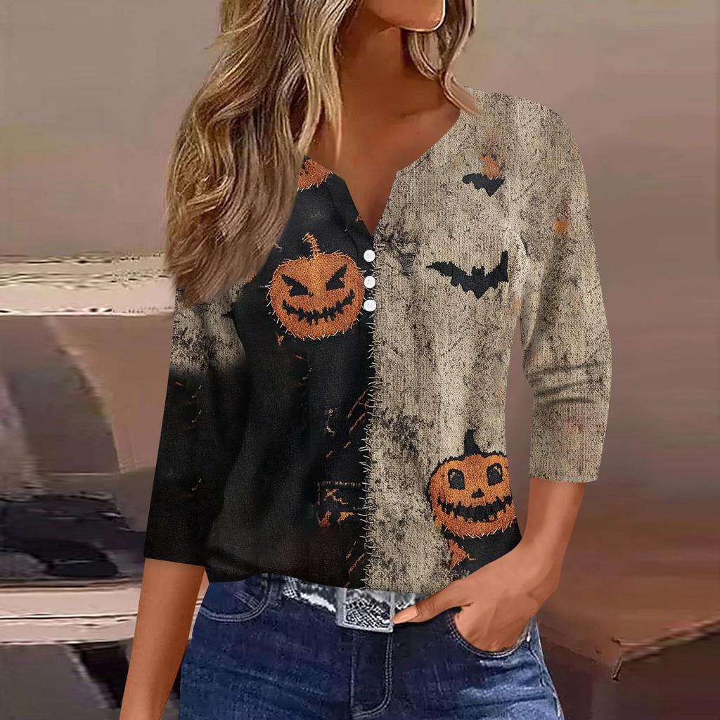 Women's Fashion Button-Up V-Neck Three-Quarter Sleeve Halloween Print Top