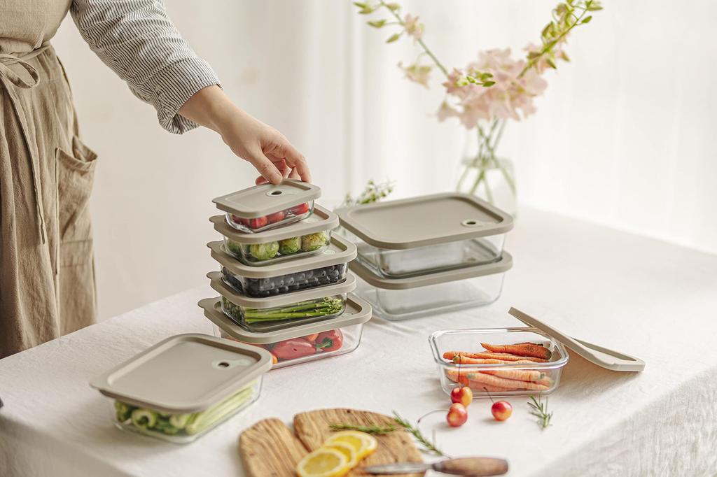 Doctor House Modum Glass Storage Container Canister Rectangular with Silicone Lid 1040ml Set of 2 Large Capacity Khaki Oven Safe Microwave Safe Air