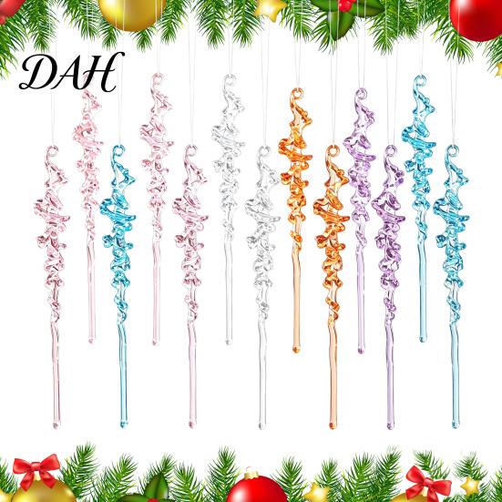 Spiral Twisted Acrylic Ornaments 12Pcs Colorful Icicle Ornaments, Ice Bar Hanging Decor for Christmas Tree, Texture Xmas Tree Trimmings Realistic