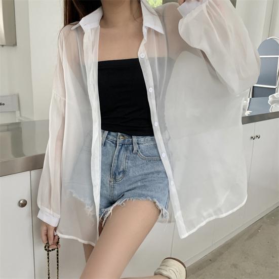 Summer Sun Protection Shirt Lapel Long Sleeve Button Down Shirt Pearlescent Chiffon Sunscreen Jacket Cover-up Outerwear