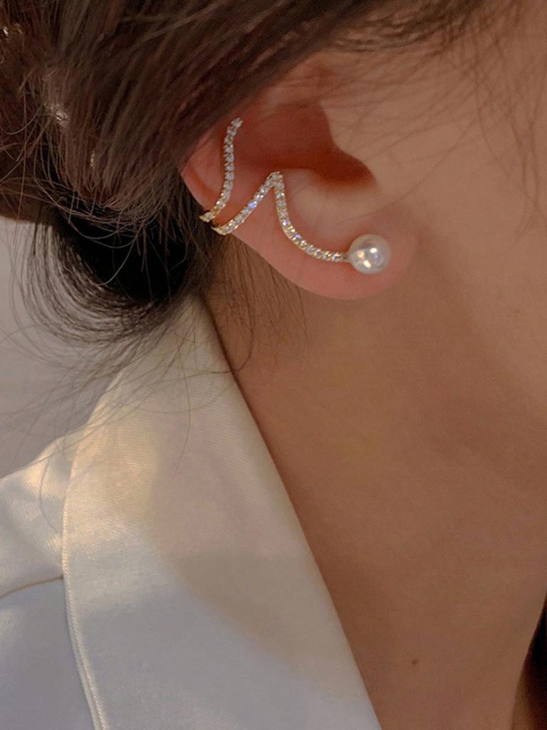 1pair Elegant and Simple Wave-Shaped Faux Pearl and Rhinestone Ear Studs Suitable for Women's Daily, Festivals or Parties