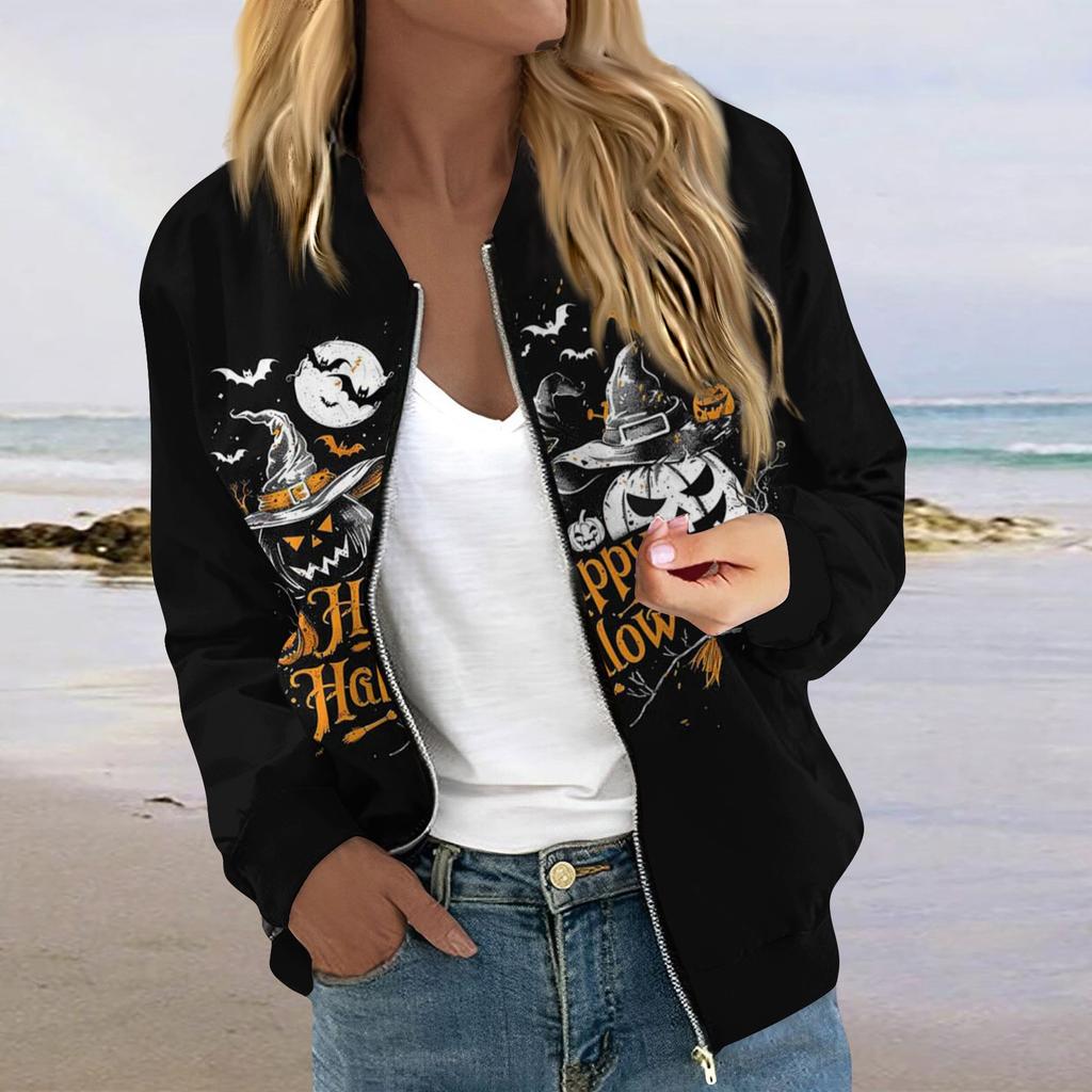 Женская модная повседневная куртка на молнии с длинным рукавом с принтом и круглым вырезом