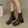 Осень/Зима Женская обувь с застежкой-молнией сзади, женские сапоги, модные, плиссированные, с квадратной головкой, однотонные, на толстом высоком каблуке, ботильоны для женщин