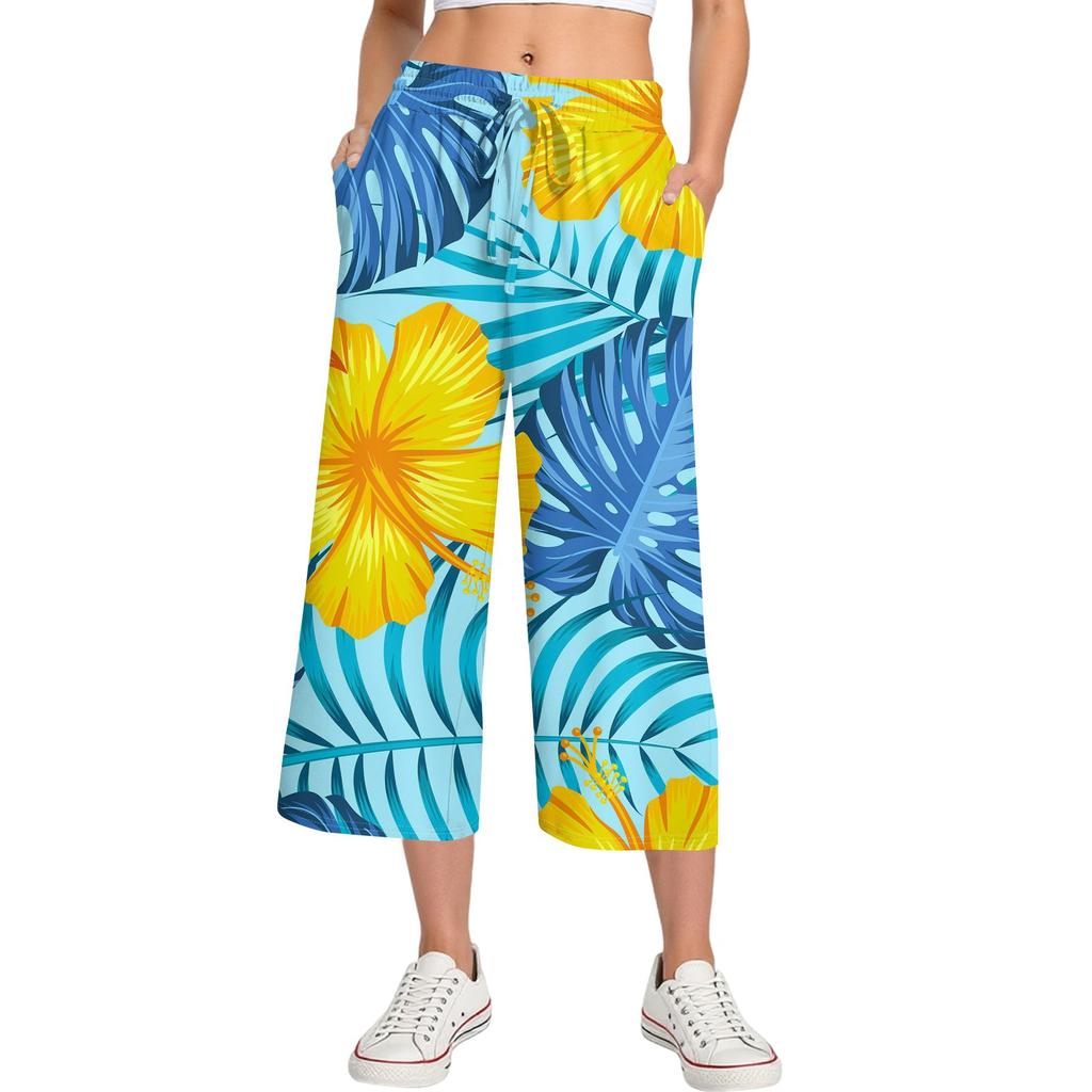 Женские летние повседневные спортивные брюки с высокой талией и принтом, укороченные брюки свободного покроя