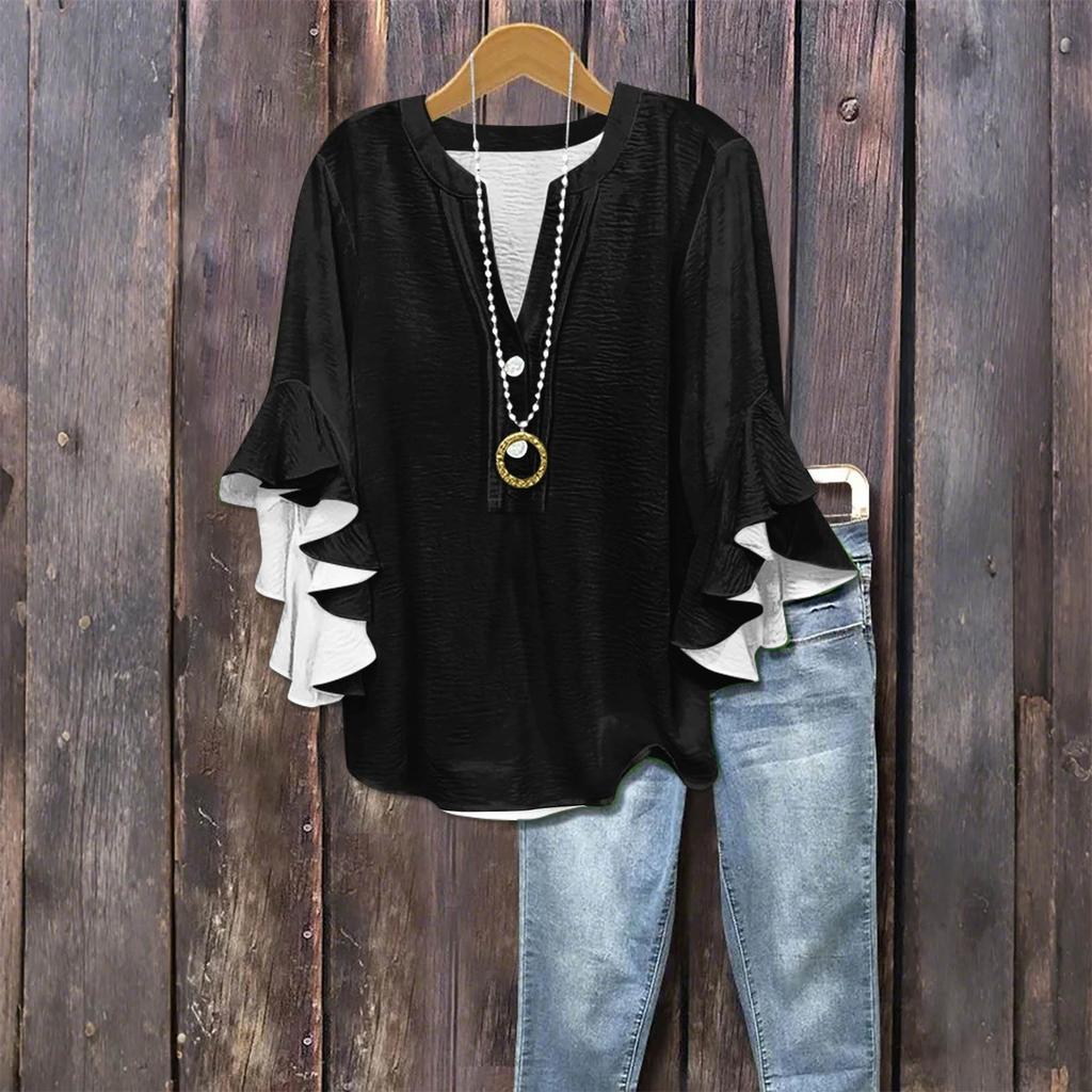 Women's Fashion Casual Button V-Neck Seven Sleeve Vintage Solid Color Shirt Top