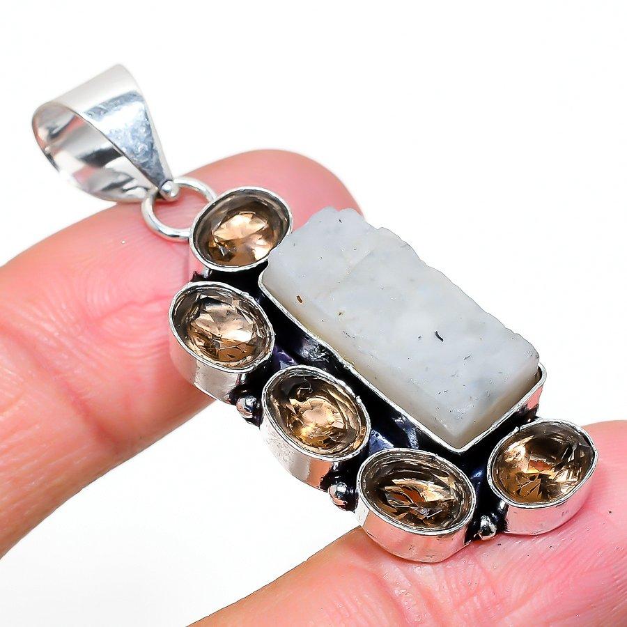 Natural Rainbow Moonstone, Topaz Gemstone 925 Sterling Silver Pendant 2.13" C3u36