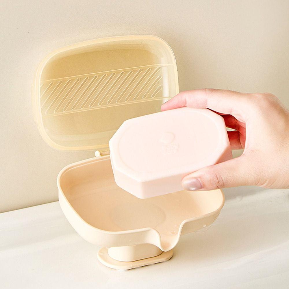 Durable Sloped Drainage Draining Soap Box Suction Cup Base Dustproof Lid Soap Dish Soap Holder for Bathroom Sink Countertop