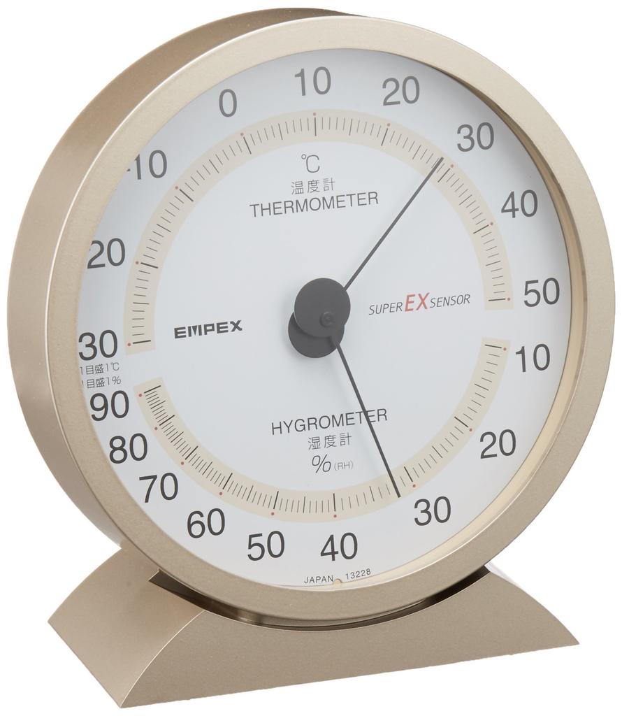 Empex Weather Super Can be Placed or Made in Champagne Meter, Thermo-Hygrometer, Analog, EX, Thermo-Hygrometer, Hanged, Japan, Gold, EX-2718,