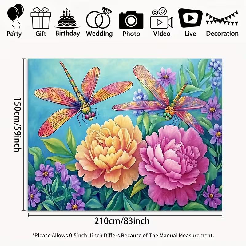 2D Spring Dragonfly & Peony Backdrop Blue Sky Floral Studio Photography Background