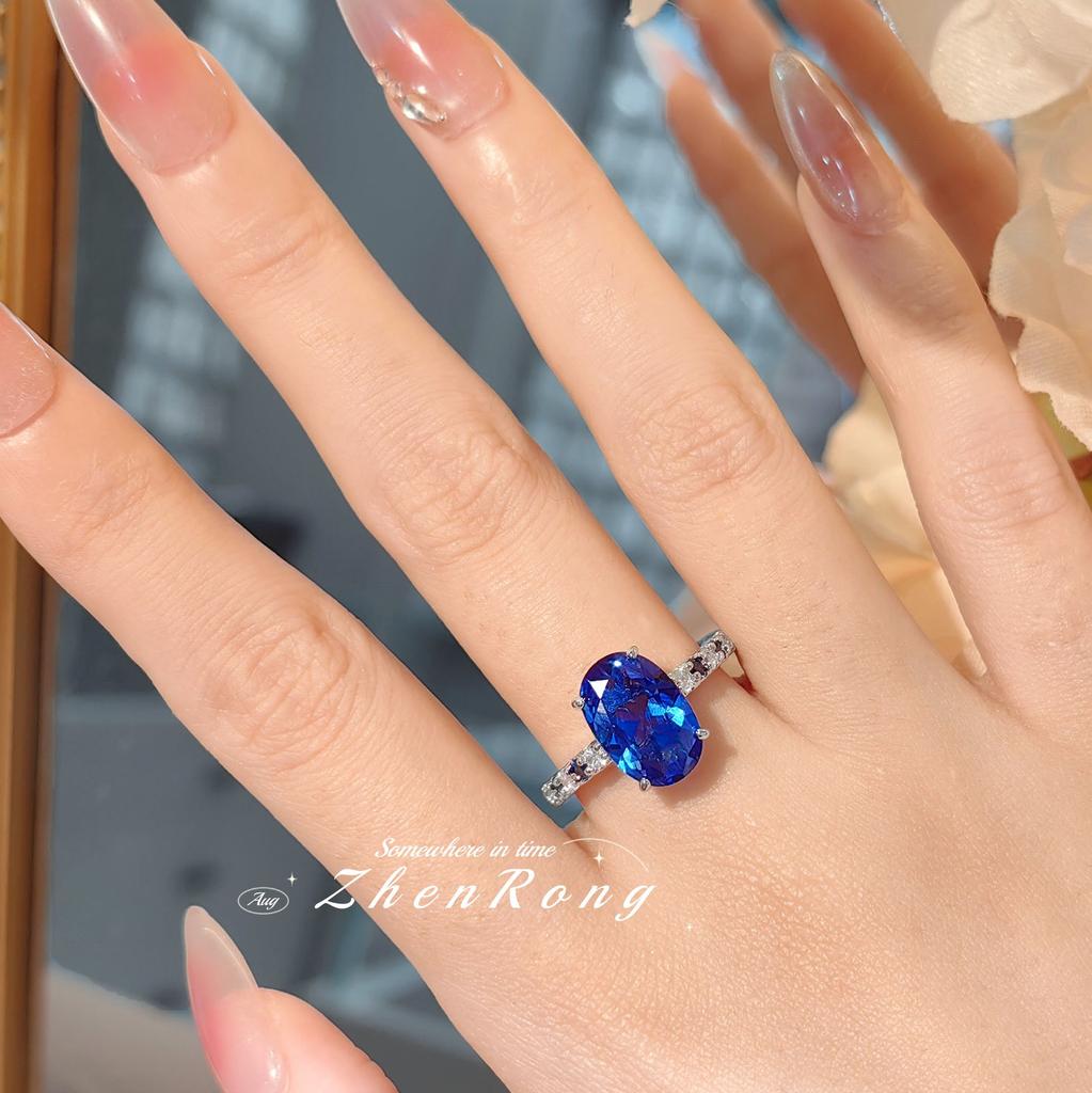 Temperament Simple Simulation Royal Sapphire Ring Versatile High Carbon Diamond Red Corundum Blue Spinel Pigeon Egg Diamond Ring Female