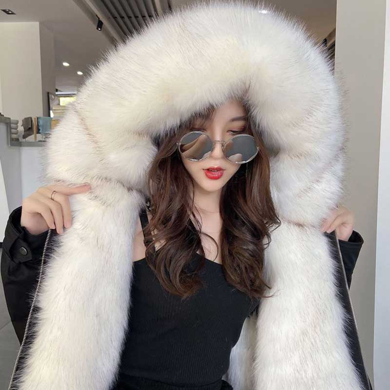 Removable Fox Fur Lining Mid-length Fur Coat Female Thick Warm Knee-high Fur Coats Autumn and Winter Hooded Parka with Waist Drawstring