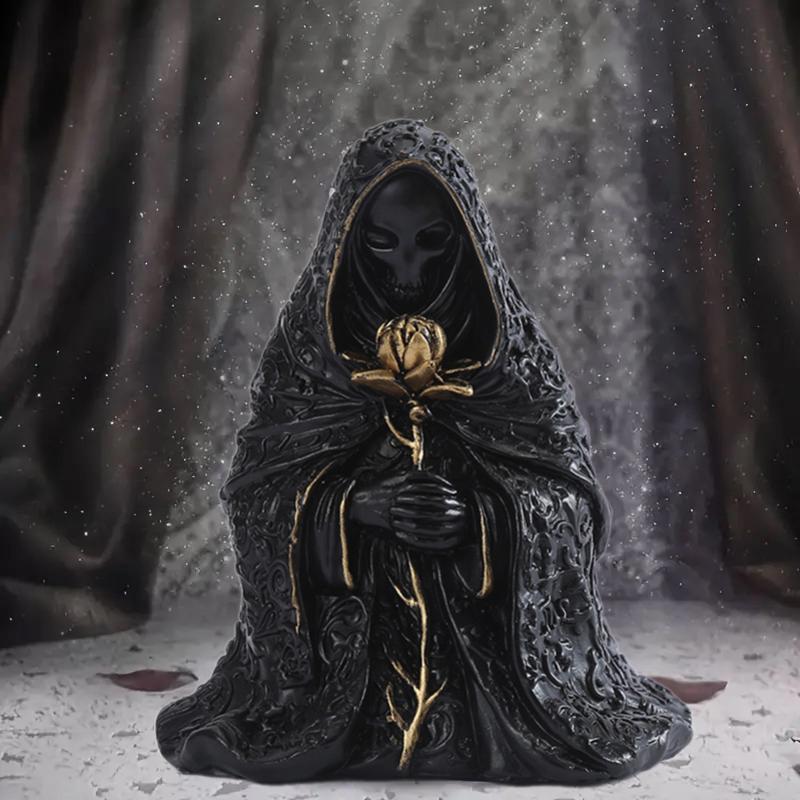 Gothic Black Robe Hooded Figure Resin Sculpture Mystical Wizard Statue Halloween Ornament Desk Decor For Home Or Office