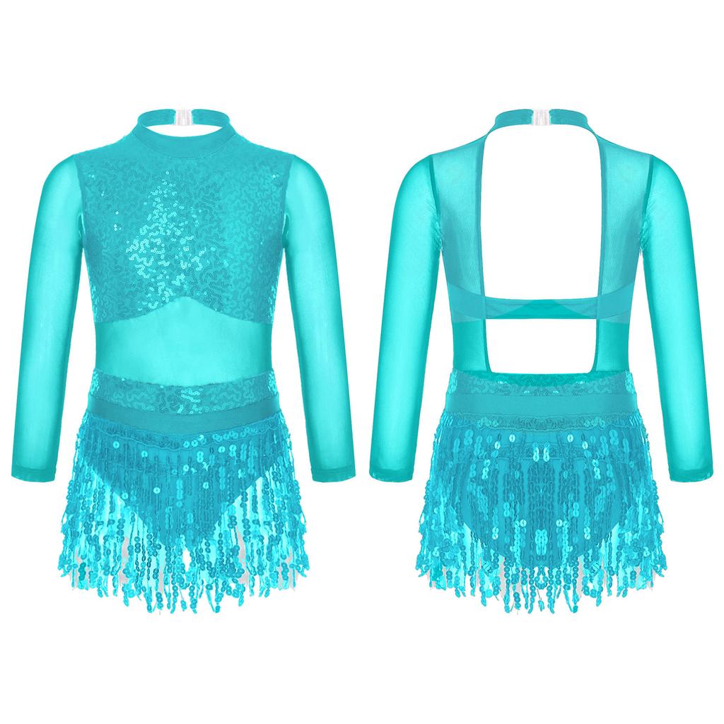 Детское платье для танцев для девочек, блестящие пайетки, бахрома по подолу, стиль пэчворк, трико, танцевальная одежда, сценическая одежда