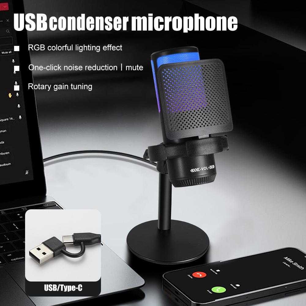 RGB USB Microphone with Desktop Boom Arm, One-Key Mute, Monitoring for Streaming, Gaming, Recording, KTV.