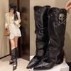 Retro Rivet High Tube Boot Short  French Style Women'st Versatile Western Cowboy Long Tube Boot British Knight Boot
