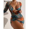 With Long Sleeve Dress Printed Halter Bikini Female Swimsuit Women Swimwear Three-pieces Bikini Set Bather Bathing Suit