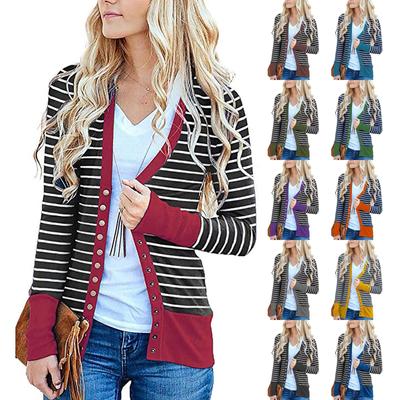 Женская модная повседневная полосатая куртка-кардиган с длинными рукавами и топами