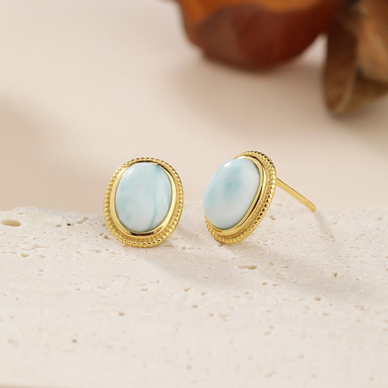 Natural sea pattern stone sterling silver stud earrings s925 oval egg surface French retro temperament premium earrings women