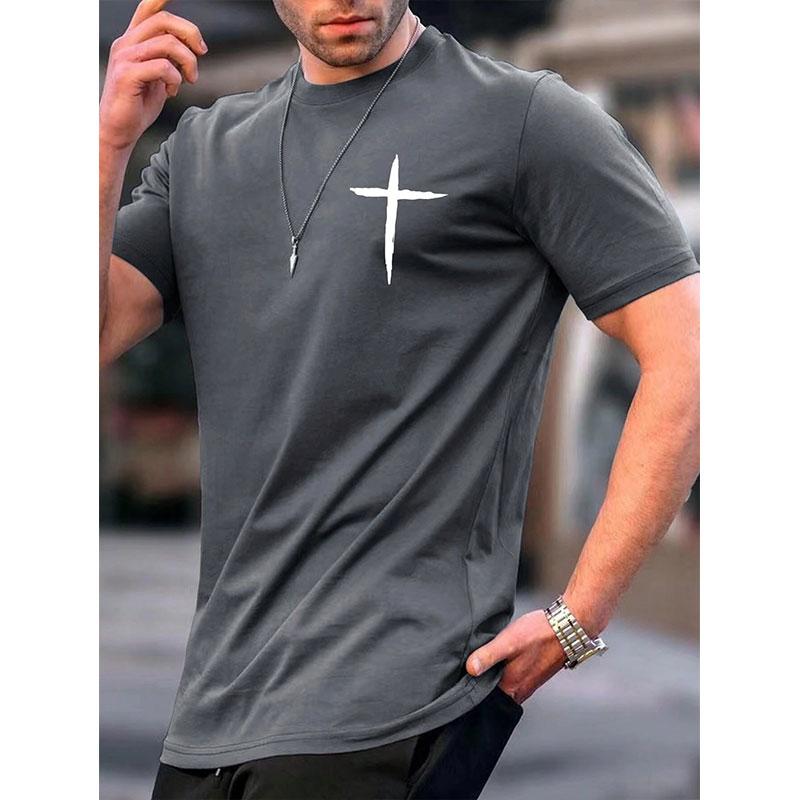 New Men's Fashion Short-sleeved Shirt Summer Comfortable Breathable Cross Print Round Neck T-shirt Sports Fitness Short-sleeved
