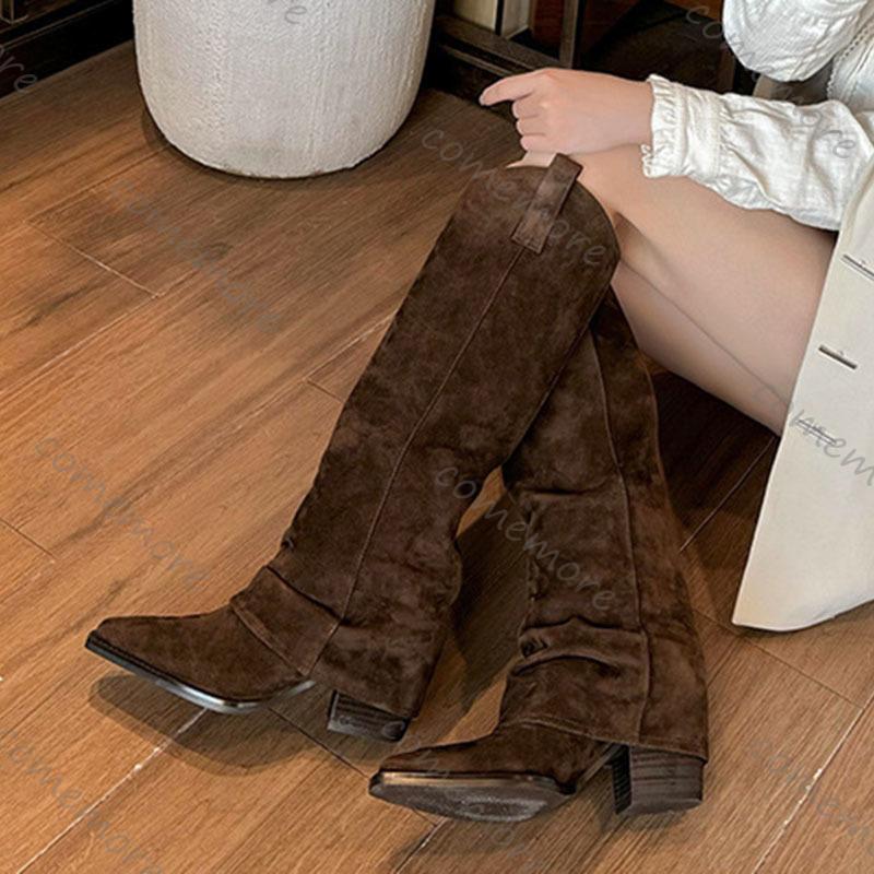 Fashion Comemore Autumn Winter Vintage Woman Knee High Boots Shoes Ladies Elegant Slip On Solid Suede Long Botas Thick Heeled Botas Shoe