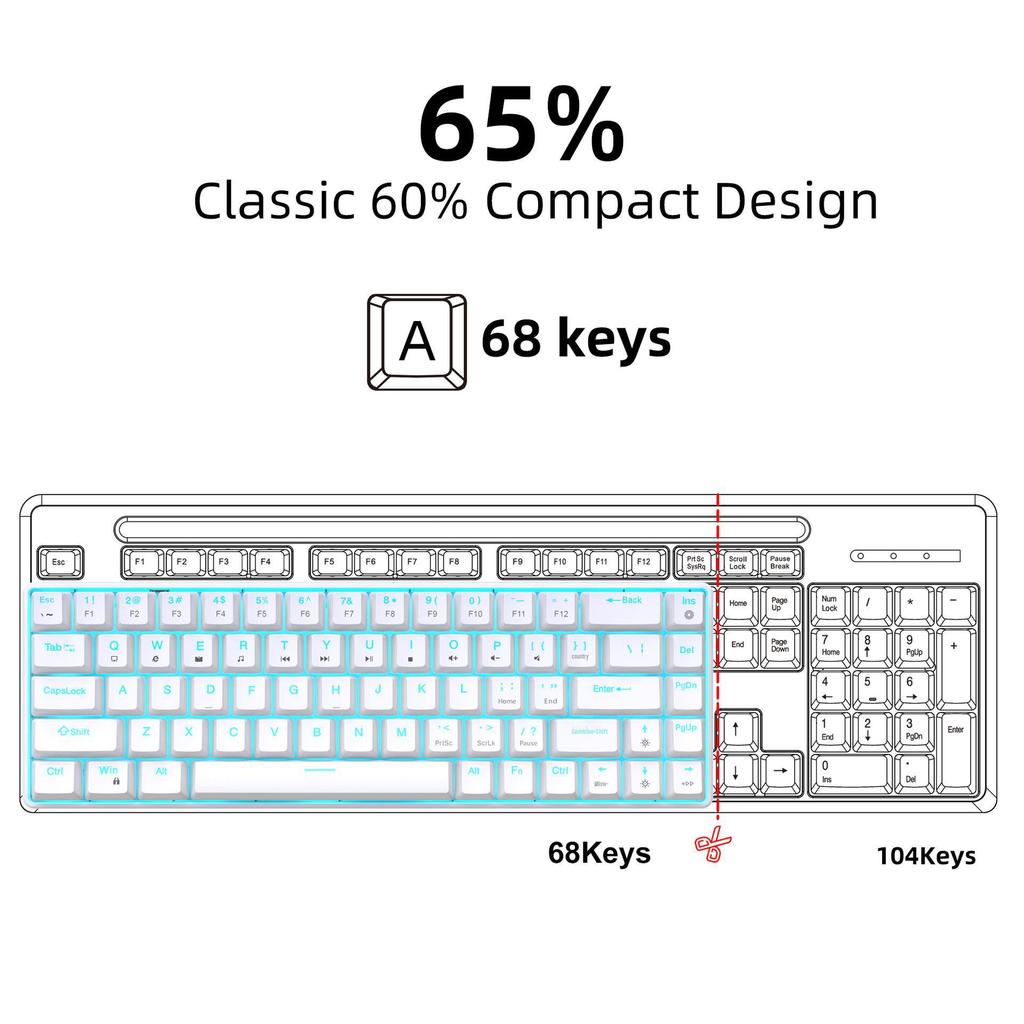 Механическая игровая клавиатура V800 с 68 клавишами, сменным стержнем и двухцветными клавишами с голубой подсветкой