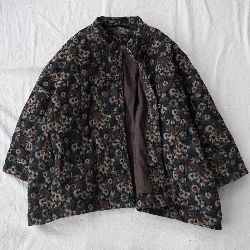 Johnature Women Bat Sleeve Corduroy Parkas Print Floral Winter Coats Warm Stand Button Clothes Winter Women Vintage Parkas