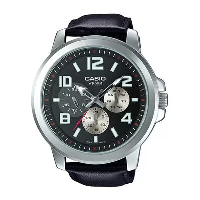Мужские часы с ремешком из черной кожи, Black Leather Men's Watch,  Casio