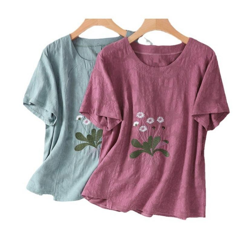 Летняя художественная свободная хлопковая пеньковая жаккардовая футболка с круглым вырезом и вышивкой с коротким рукавом, женская футболка
