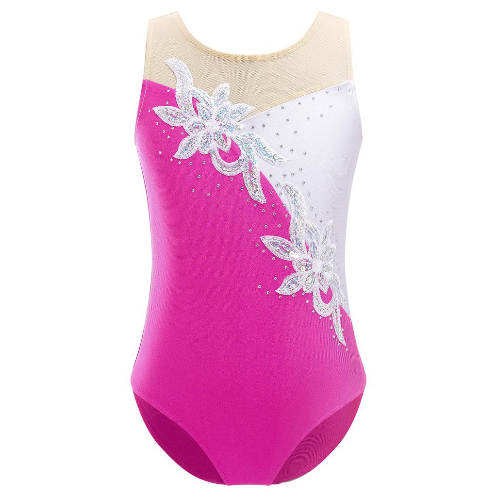 Girls Shiny Sequins Leotard Sleeveless Mesh Patchwork Ballet Dance Gymnastic Skating Jumpsuit