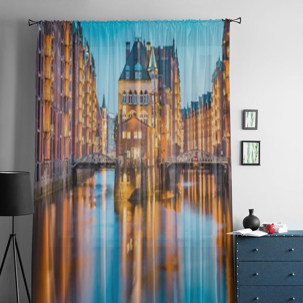 Sunset Sky Over Speicherstadt Harbor In Downtown Tulle Sheer Curtains for Living Room Kitchen Decoration Voile Organza Curtains