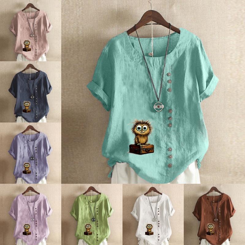 Women's Fashion Owl Prined Short Sleeve T-shirt Loose Cotton Shirt Casual Loose Summer Blouse Plus Size Tops