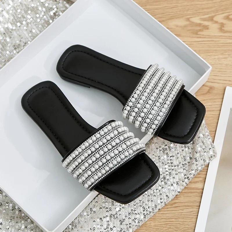 Плоские шлепанцы для женщин, модные женские сандалии с бисером, летние женские тапочки конфетных цветов