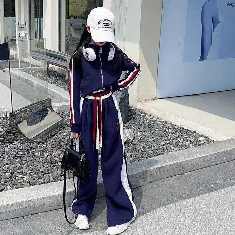 Модный повседневный костюм для девочек, осенний детский костюм в стиле вестерн с коротким свитером и широкими брюками из двух частей