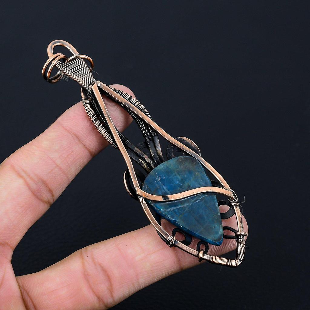 Неоново-синий апатит, драгоценный камень, чистая медная проволока, обернутая подвеской ручной работы, ювелирное изделие для подарка