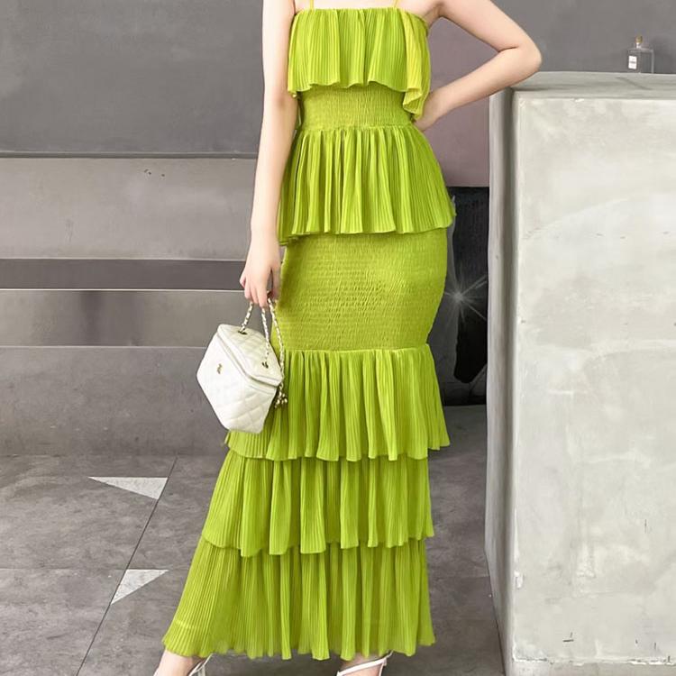 Women Summer Dress Sweet Chiffon Suspender Temperament French Gentleness Elegant Feeling Ruffle Cake Fairy Dress D3227